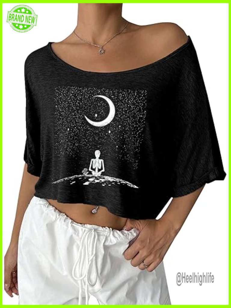 Off Shoulder Crop Top Short Sleeve Asymmetrical Neck Tee